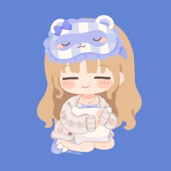 Rule 34 | 1girl, = =, bad id, bad twitter id, blonde hair, blue background, blue dress, blue footwear, blush, blush stickers, cardigan, chibi, chibi only, closed mouth, commentary request, dress, eye mask, grey cardigan, holding, holding pillow, jewelry, long hair, necklace, nijisanji, pajamas, pillow, rizu (rizunm), seiza, simple background, sister claire, sister claire (7th costume), sitting, slippers, smile, solo, twitter username, virtual youtuber