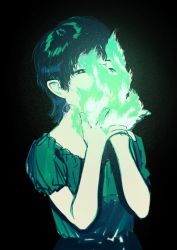 Rule 34 | 1girl, absurdres, black background, black hair, covering face, fire, green fire, green shirt, green theme, hands up, highres, original, shadow, shirt, short hair, short sleeves, simple background, solo, toktin zq