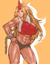 Rule 34 | 1girl, abs, blush, breasts, hand on own hip, highres, horns, hoshiguma yuugi, huge breasts, long hair, muscular, muscular female, nameo (judgemasterkou), navel, parted lips, red eyes, shirt, short shorts, shorts, single horn, solo, sweat, tan, thick thighs, thighs, tied shirt, touhou, towel, towel around neck