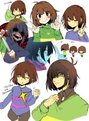Rule 34 | 3others, \m/, absurdres, ahoge, antenna hair, aqua skin, arrow (symbol), bead necklace, beads, black blood, blood, bloody tears, blue hair, blue scarf, blue shirt, blunt bangs, blush, brown hair, brown shorts, chara (undertale), child, closed eyes, closed mouth, collared shirt, colored skin, commentary, crossover, deltarune, double \m/, fingernails, frisk (undertale), green sweater, hair between eyes, heart, heart necklace, highres, holding, holding knife, hollow eyes, index finger raised, jewelry, knife, komugiko (bitte komu), kris (deltarune), light smile, long sleeves, looking at viewer, mixed-language text, multiple others, multiple views, necklace, open mouth, pink scarf, pink shirt, red eyes, scarf, shirt, short hair, shorts, sleeves past fingers, sleeves past wrists, smile, striped clothes, striped scarf, striped shirt, striped sweater, sweatdrop, sweater, teeth, turtleneck, turtleneck sweater, undertale, upper body, v, white background, yellow skin, yellow sweater
