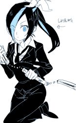 Rule 34 | 1girl, 6 (yuchae), blue theme, flower, formal, hair flower, hair ornament, hair over one eye, hairclip, lily (flower), monochrome, necktie, one-punch man, ponytail, sansetsukon no lily, sketch, solo, suit, three section staff, weapon