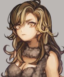 Rule 34 | 1girl, asukichi (h-asumint), ayla (chrono trigger), bare shoulders, blonde hair, breasts, brown eyes, chrono trigger, cleavage, closed mouth, fang, fang out, grey background, highres, long hair, looking at viewer, medium breasts, scarf, solo, upper body
