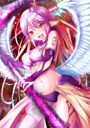 Rule 34 | 1girl, :d, angel wings, asymmetrical legwear, breasts, bridal gauntlets, commentary request, spiked halo, crop top, cross, feathered wings, gloves, gradient hair, halo, highres, jibril (no game no life), large breasts, long hair, low wings, magic circle, midriff, mismatched legwear, multicolored hair, navel, no game no life, open mouth, pink hair, scythe, sideboob, smile, solo, stomach, symbol-shaped pupils, tattoo, tawawa (kakeibo7ykwety), very long hair, white wings, wing ears, wings, yellow eyes