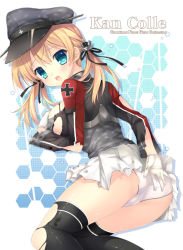 Rule 34 | 10s, 1girl, anchor hair ornament, ass, blonde hair, blue eyes, breasts, copyright name, gloves, hair ornament, hat, kantai collection, large breasts, long hair, looking at viewer, mitha, open mouth, panties, peaked cap, prinz eugen (kancolle), skirt, solo, thighhighs, torn clothes, twintails, underwear, white gloves, white panties