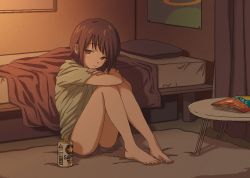 Rule 34 | 1girl, barefoot, bed, can, dithering, feet, female focus, narume, on ground, original, short hair, short shorts, shorts, sitting, solo, table, toes