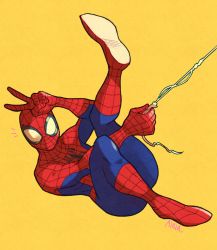 Rule 34 | 1boy, airborne, bodysuit, costume, full body, gloves, highres, male focus, marvel, mask, red bodysuit, red gloves, signature, simple background, solo, spider-man, spider-man (series), spider web print, superhero costume, sushi pizza rrr, v, yellow background