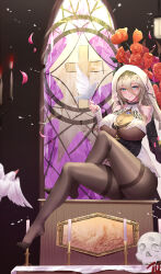 Rule 34 | 1girl, absurdres, aponia (honkai impact), bare shoulders, bird, bird on hand, black pantyhose, blonde hair, blue eyes, breasts, candle, cleavage, closed mouth, covered collarbone, cross, crossed legs, dove, dress, falling petals, feet, flower, habit, hair between eyes, hair flower, hair ornament, highres, honkai (series), honkai impact 3rd, huge breasts, legs, nanoda002 (saber427), nun, orange flower, pantyhose, petals, pink petals, see-through, see-through cleavage, sitting, skull, sleeveless, sleeveless dress, smile, solo, thighband pantyhose, white flower