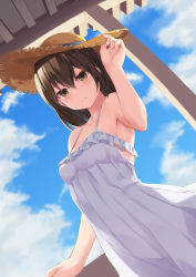 Rule 34 | 1girl, absurdres, arm up, backlighting, bare shoulders, blue sky, blush, breasts, brown eyes, brown hair, cloud, collarbone, cowboy shot, day, dress, dutch angle, frilled dress, frills, hair between eyes, hand on headwear, hat, highres, looking at viewer, original, outdoors, parted lips, pleated dress, rebutsu, see-through silhouette, sky, sleeveless, sleeveless dress, small breasts, solo, standing, straw hat, sundress, sunlight, white dress
