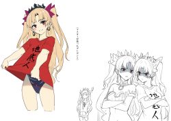 Rule 34 | 3girls, bad id, bad pixiv id, blonde hair, blouse, blush, breasts, cleavage, clothes writing, crossed arms, crown, dual persona, earrings, ereshkigal (fate), fate/grand order, fate (series), glaring, grin, ishtar (fate), ishtar (swimsuit rider) (fate), jewelry, leotard, long hair, multiple girls, red eyes, red shirt, shaded face, shirt, simple background, smile, t-shirt, tohsaka rin, translation request, two side up, white background, wulazula