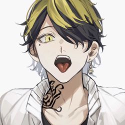 Rule 34 | 1boy, bell, black hair, blonde hair, collarbone, earrings, hair over one eye, hanemiya kazutora, jacket, jewelry, looking at viewer, male focus, medium hair, mole, mole under eye, multicolored hair, neck tattoo, open mouth, ori x 000, portrait, simple background, single earring, solo, swept bangs, tattoo, tokyo revengers, tongue, tongue out, tsurime, two-tone hair, white background, white jacket, yellow eyes