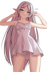 Rule 34 | absurdres, blush, camisole, camisole lift, clothes lift, elf, frieren, green eyes, highres, panties, pointy ears, simple background, smile, solo, sousou no frieren, underwear, white camisole, white panties, x xith x