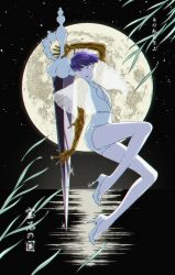 Rule 34 | 1other, androgynous, blue eyes, blue hair, blunt bangs, colored eyelashes, crystal hair, full moon, gold, golden arms, heterochromia, high heels, highres, holding, holding weapon, houseki no kuni, kamezaemon, looking at viewer, moon, night, open mouth, phosphophyllite, phosphophyllite (ll), shirt, short hair, shorts, smile, solo, sparkle, weapon, white eyes, white shirt, white shorts
