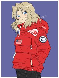 Rule 34 | 1girl, american flag, artist name, black pants, blonde hair, blue background, blue eyes, blush stickers, casual, closed mouth, coat, commentary, commentary request, cowboy shot, drawstring, english commentary, english text, girls und panzer, hair intakes, hands in pockets, highres, hood, hooded coat, kay (girls und panzer), logo, long hair, long sleeves, looking at viewer, pants, red coat, signature, smirk, solo, standing, zono (inokura syuzo029)