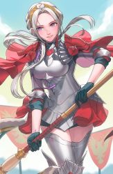 Rule 34 | 1girl, armor, axe, cape, closed mouth, edelgard von hresvelg, fire emblem, fire emblem: three houses, fire emblem warriors, fire emblem warriors: three hopes, gloves, hair ornament, hair ribbon, highres, long hair, long sleeves, looking at viewer, nintendo, official alternate costume, official alternate hairstyle, purple eyes, radiostarkiller, red cape, ribbon, simple background, skirt, smile, solo, thighs, white hair