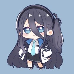 Rule 34 | 1girl, aris (blue archive), black hair, black hairband, black skirt, black socks, blue archive, blue background, blue eyes, blue necktie, blush, chibi, closed mouth, collared shirt, commentary request, full body, hair between eyes, hairband, highres, jacket, long hair, long sleeves, looking at viewer, necktie, nozo (hitomiz), one side up, open clothes, open jacket, parted bangs, pleated skirt, puffy long sleeves, puffy sleeves, shirt, shoes, simple background, skirt, sleeves past wrists, smile, socks, solo, standing, very long hair, white footwear, white jacket, white shirt
