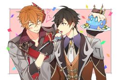 Rule 34 | 2boys, birthday, black gloves, black hair, blush, brown hair, cake, candle, chisuke 1104, closed eyes, confetti, crossed bangs, earrings, feeding, food, genshin impact, gloves, hair between eyes, heart, holding, holding plate, jacket, jewelry, male focus, mask, mask on head, multicolored hair, multiple boys, open mouth, orange hair, plate, red scarf, scarf, simple background, single earring, smile, tartaglia (genshin impact), two-tone background, upper body, yaoi, yellow eyes, zhongli (genshin impact)