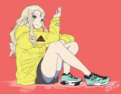Rule 34 | 1girl, artist name, black shorts, blonde hair, blush, casual, closed mouth, commentary, cross-laced footwear, dated, drill hair, from side, girls und panzer, green eyes, green footwear, highres, hood, hooded jacket, jacket, light blush, long hair, long sleeves, looking at viewer, marie (girls und panzer), new balance, no socks, shoes, short shorts, shorts, signature, simple background, sitting, smile, sneakers, solo, yellow jacket, zono (inokura syuzo029)