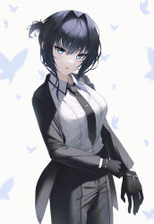 Rule 34 | 1girl, absurdres, adjusting clothes, adjusting gloves, black gloves, black hair, black jacket, black necktie, black pants, blue eyes, butterfly background, collared shirt, cowboy shot, dress shirt, gloves, hair between eyes, hair intakes, highres, hololive, hololive english, jacket, long hair, long sleeves, looking at viewer, necktie, one side up, open clothes, open jacket, ouro kronii, pants, popcat (jung5u), shirt, solo, standing, virtual youtuber, white background, white shirt, wing collar