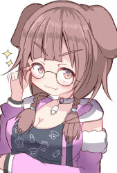 Rule 34 | 1girl, :3, animal ears, black-framed eyewear, black shirt, blush, braid, breasts, brown eyes, brown hair, cleavage, closed mouth, commentary request, dog ears, dog girl, fang, fang out, fur-trimmed sleeves, fur trim, glasses, hair over shoulder, hand up, highres, hololive, hood, hood down, hooded jacket, inugami korone, inugami korone (loungewear), jacket, long hair, long sleeves, looking at viewer, low twintails, medium breasts, official alternate costume, open clothes, open jacket, pink jacket, puffy long sleeves, puffy sleeves, round eyewear, shirt, simple background, sleeves past wrists, solo, sparkle, twin braids, twintails, umberblack, upper body, virtual youtuber, white background
