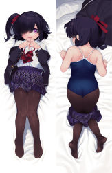 Rule 34 | 1girl, ariduka anto, ass, back, black hair, blazer, bow, bowtie, breast pocket, buttoned cuffs, buttons, dakimakura (medium), hair over one eye, highres, jacket, mizuno uchi, mole, mole under eye, mole under mouth, nervous smile, non-web source, one-piece swimsuit, open clothes, open jacket, pantyhose, pantyhose under swimsuit, plaid, plaid skirt, pleated skirt, pocket, purple eyes, school swimsuit, school uniform, short hair, side ponytail, skirt, skirt around ankles, smile, sweat, swimsuit, swimsuit under clothes, top-down bottom-up, unworn jacket, virtual ant channel, virtual youtuber, white background