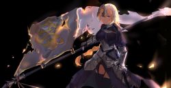 Rule 34 | 1girl, absurdres, armor, armored dress, banner, black background, black ribbon, black thighhighs, blonde hair, blue dress, blue eyes, braid, cowboy shot, dress, fate/apocrypha, fate (series), fire, floating hair, gauntlets, hair ribbon, highres, jeanne d&#039;arc (fate), jeanne d&#039;arc (ruler) (fate), long hair, low-tied long hair, naemperor, ponytail, ribbon, sheath, sheathed, single braid, solo, standing, sword, thighhighs, very long hair, weapon