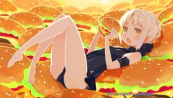 Rule 34 | :o, arm garter, artoria pendragon (all), artoria pendragon (alter swimsuit rider) (first ascension) (fate), artoria pendragon (fate), bare legs, barefoot, blonde hair, braid, burger, casual one-piece swimsuit, copyright name, fate/stay night, fate (series), food, food focus, french braid, harada takehito, holding, kadokawa, official alternate costume, one-piece swimsuit, open mouth, saber (fate), saber alter, solo, swimsuit, too many, type-moon, yellow eyes