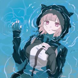 1girl blunt_bangs breasts brown_hair closed_mouth collared_shirt danganronpa_(series) danganronpa_2:_goodbye_despair flipped_hair hair_ornament highres hood hood_up in_water jacket long_sleeves looking_at_viewer medium_hair nanami_chiaki open_clothes open_jacket pink_eyes ribbon shiriusu_c shirt solo water white_shirt