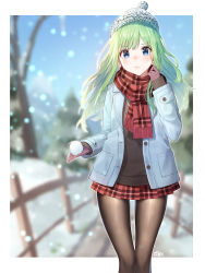 Rule 34 | 1girl, absurdres, arjent, blue coat, blue eyes, blurry, blurry background, brown pantyhose, closed mouth, coat, floating hair, frown, gloves, green hair, grey sweater, hat, highres, holding, long hair, long sleeves, looking at viewer, miniskirt, open clothes, open coat, original, pantyhose, plaid clothes, plaid scarf, plaid skirt, pleated skirt, purple gloves, red scarf, red skirt, scarf, shiny clothes, shiny legwear, signature, skirt, snowball, snowing, solo, standing, sweater, white hat, winter