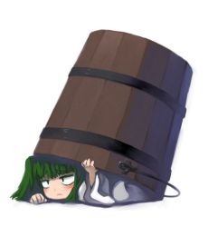 Rule 34 | 1girl, blush, bucket, female focus, green hair, hiding, in bucket, in container, kisume, lying, shiden, short hair, simple background, solo, touhou, white background