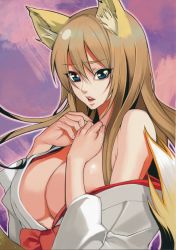 Rule 34 | 1girl, absurdres, animal ears, bare shoulders, blue eyes, breasts, brown hair, cleavage, fox ears, highres, inkey, japanese clothes, kimono, large breasts, long hair, looking at viewer, no bra, open clothes, open mouth, original, simple background, solo, standing, tail, undressing