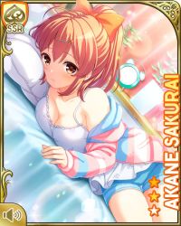 Rule 34 | 1girl, bare legs, bed, bedroom, blouse, blue shorts, bra, breasts, brown eyes, brown hair, card (medium), cleavage, closed mouth, girlfriend (kari), indoors, looking at viewer, official art, on bed, pajamas, pink shirt, ponytail, qp:flapper, sakurai akane (girlfriend), shirt, shorts, tagme, underwear