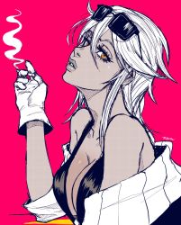 Rule 34 | 1girl, absurdres, artist name, breasts, cigarette, cleavage, collarbone, commentary, crazy diamond no akuryouteki shitsuren, dark-skinned female, dark skin, dujan, english commentary, eyewear on head, gloves, hair between eyes, halftone, highres, jojo no kimyou na bouken, limited palette, long hair, looking at viewer, mariah (jojo), off shoulder, parted lips, pink background, simple background, sleeveless, smoking, solo, sunglasses, upper body