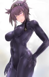 Rule 34 | 10s, 1girl, black hair, bodysuit, breasts, clothes writing, covered navel, cowboy shot, gradient background, grey background, hair between eyes, hair flaps, hatsuzuki (kancolle), headband, impossible bodysuit, impossible clothes, kantai collection, simple background, skin tight, solo, uni96 (uknee96), white background, yellow eyes