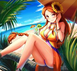 Rule 34 | 1girl, armlet, artist request, beach, bendy straw, bibkini, blue sky, blush, bracelet, braid, breasts, brown eyes, brown hair, choker, cleavage, cocktail umbrella, cup, day, drink, drinking glass, drinking straw, female focus, flower, flower necklace, food, fruit, hair flower, hair ornament, horizon, ice, ice cube, in tree, jewelry, knees up, large breasts, league of legends, leona (league of legends), lime (fruit), lime slice, long hair, looking at viewer, mint, multicolored clothes, necklace, ocean, one-piece swimsuit, outdoors, palm tree, parasol, parted bangs, ponytail, pool party leona, ruffling hair, sarong, shiny skin, sideboob, sidelocks, single braid, sitting, sitting in tree, sky, smile, solo, strap gap, sunflower, sunflower hair ornament, swimsuit, tree, umbrella, very long hair