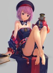 Rule 34 | 1girl, arm support, bare shoulders, barefoot, belt, book, coat, colonel olcott (fate), fate/grand order, fate (series), feet, frilled leotard, frills, full body, grey background, grimoire, helena blavatsky (fate), helena blavatsky (third ascension) (fate), leotard, looking at viewer, open clothes, open coat, purple eyes, purple hair, short hair, simple background, sitting, solo, sumisu (mondo), toes, white frills