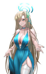 Rule 34 | 1girl, absurdres, asuna (blue archive), bare arms, bare shoulders, blonde hair, blue archive, blue choker, blue dress, blue eyes, blue ribbon, choker, commentary request, cowboy shot, dress, earrings, grin, hair ornament, hair ribbon, highres, hoop earrings, jewelry, kabotoz, long hair, looking at viewer, ribbon, sleeveless, sleeveless dress, smile, solo, standing, thighhighs, thighs, very long hair, white background, white thighhighs