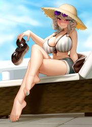 Rule 34 | 1girl, absurdres, aqua nails, arknights, bare arms, bare legs, bare shoulders, barefoot, blue sky, braid, breasts, commentary, crossed legs, day, eyewear on head, feet, full body, grey hair, hair ornament, hairclip, hat, highres, holding, holding clothes, holding footwear, holding shoes, huge breasts, kairunoburogu, long hair, looking at viewer, nail polish, navel, official alternate costume, outdoors, platform footwear, purple-tinted eyewear, purple eyes, sandals, shoes, short shorts, shorts, sitting, sky, smile, solo, straw hat, sunglasses, tinted eyewear, toenail polish, toenails, toes, twin braids, unworn shoes, utage (arknights), utage (summer flowers) (arknights), x hair ornament