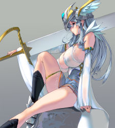 Rule 34 | 1girl, blue eyes, breasts, breasts on lap, cleavage, closed mouth, covered erect nipples, dress, full body, grey background, headgear, highres, holding, holding weapon, huge weapon, kouno (masao), large breasts, long hair, looking to the side, original, see-through, silver hair, simple background, sitting, sword, valkyrie, weapon