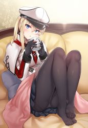 Rule 34 | 10s, 1girl, aldehyde, blanket, blonde hair, blue eyes, breasts, capelet, cup, feet, feet together, gloves, graf zeppelin (kancolle), hat, kantai collection, large breasts, long hair, looking at viewer, mug, no shoes, panties, panties under pantyhose, pantyhose, peaked cap, skirt, solo, twintails, underwear