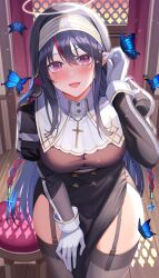 Rule 34 | 1girl, absurdres, amahara subaru, black garter straps, black hair, black headwear, black thighhighs, blush, breasts, bug, butterfly, commentary request, cross, cross necklace, garter straps, gloves, hair ornament, highres, insect, jewelry, large breasts, latin cross, long sleeves, looking at viewer, multicolored hair, necklace, nun, open mouth, original, purple eyes, red hair, smile, solo, streaked hair, thighhighs, thighs, white gloves, wooden floor
