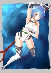 Rule 34 | 1girl, 4cat, absurdres, adapted costume, alternate breast size, arm over head, arm up, armpits, ayanami rei, bandage over one eye, bandaged arm, bandaged head, bandages, bare shoulders, bident, black gloves, blue hair, bob cut, boots, border, breast hold, breasts, cleavage, cleavage cutout, clothing cutout, dutch angle, elbow gloves, foreshortening, gloves, grey border, hair between eyes, headgear, highres, impossible clothes, interface headset, lance of longinus (evangelion), large breasts, legs apart, leotard, lips, looking at viewer, multicolored clothes, multicolored gloves, neon genesis evangelion, outdoors, outside border, parted bangs, parted lips, pilot suit, plugsuit, polearm, red eyes, short hair, solo, space, star (sky), thigh boots, thighhighs, weapon, white footwear, white gloves, white leotard, white thighhighs