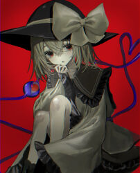 Rule 34 | 1girl, absurdres, black hat, blouse, bow, commentary, eyeball, frilled shirt collar, frilled sleeves, frills, hat, hat bow, heart, heart of string, highres, komeiji koishi, medium hair, red background, red eyes, ribbon, shirt, simple background, sitting, skirt, solo, symbol-only commentary, third eye, touhou, yellow ribbon, yellow shirt, yumeno ruruka