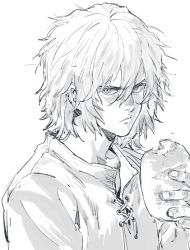 Rule 34 | 1boy, angry, bread, closed mouth, cross-laced clothes, food, frown, greyscale, hair between eyes, hand up, holding, holding food, male focus, messy hair, monochrome, portrait, quxiaochong, short hair, simple background, sketch, solo, thorfinn, vinland saga