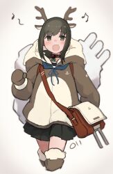 Rule 34 | 1girl, absurdres, animal costume, antlers, black choker, black hair, black skirt, blush, boots, brown footwear, brown mittens, choker, cropped legs, feet out of frame, fubuki (kancolle), fubuki kai ni (kancolle), fur-trimmed boots, fur trim, green eyes, highres, horns, kantai collection, long sleeves, looking at viewer, ma rukan, mittens, open mouth, pleated skirt, reindeer antlers, reindeer costume, short hair, signature, simple background, skirt, smile, solo, thigh boots, white background