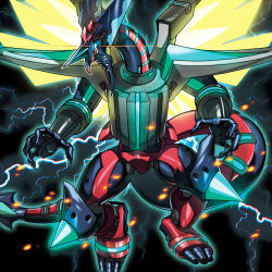 Rule 34 | android, artist request, borrelsword dragon, claws, dragon, duel monster, electricity, flying, full body, glowing, glowing eyes, horns, looking at viewer, mecha, mechanical wings, no humans, robot, sharp teeth, spikes, tail, teeth, wings, yellow eyes, yu-gi-oh!