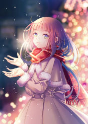 Rule 34 | 1girl, blush, christmas, christmas tree, green eyes, looking at viewer, medium hair, night, original, pink hair, plastic moon, scarf, signature, smile, snow, solo, standing, winter, winter clothes