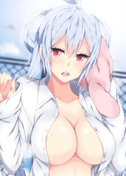 Rule 34 | 1girl, blush, breasts, collarbone, hair between eyes, large breasts, long hair, looking at viewer, matoi (pso2), milkpanda, naked shirt, no bra, open clothes, open mouth, open shirt, outdoors, phantasy star, phantasy star online 2, red theme, shiny skin, shirt, silver hair, sky, sweat, towel, upper body, wet