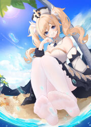 Rule 34 | 1girl, absurdres, air bubble, barbara (genshin impact), bare shoulders, blonde hair, blue eyes, blue sky, bubble, cloud, cloudy sky, collar, detached collar, detached sleeves, dress, genshin impact, hair between eyes, hand up, highres, lml, long hair, long sleeves, looking at viewer, no shoes, open mouth, outdoors, pantyhose, sidelocks, sky, smile, sun, teeth, twintails, water, white collar, white dress, white pantyhose