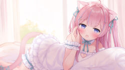 Rule 34 | 1girl, animal ear fluff, animal ears, blue bow, blue hair, blue ribbon, blush, bow, cat ears, cat girl, cleavage cutout, clothing cutout, collar, commission, dress, frilled dress, frills, hair ornament, hair ribbon, hairpin, highres, indie virtual youtuber, itigori ena, looking at viewer, nonaka yuu, on bed, open mouth, pink hair, purple eyes, ribbon, skeb commission, tail, tail ornament, white dress, window