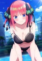 Rule 34 | 1girl, ai-generated, bikini, black bikini, black ribbon, blush, breasts, butterfly hair ornament, city, closed mouth, embarrassed, go-toubun no hanayome, hair ornament, highres, long hair, looking at viewer, loose clothes, nakano nino, pink hair, ribbon, sky, smile, solo, suspenders, suspenders slip, swimsuit, tree, water
